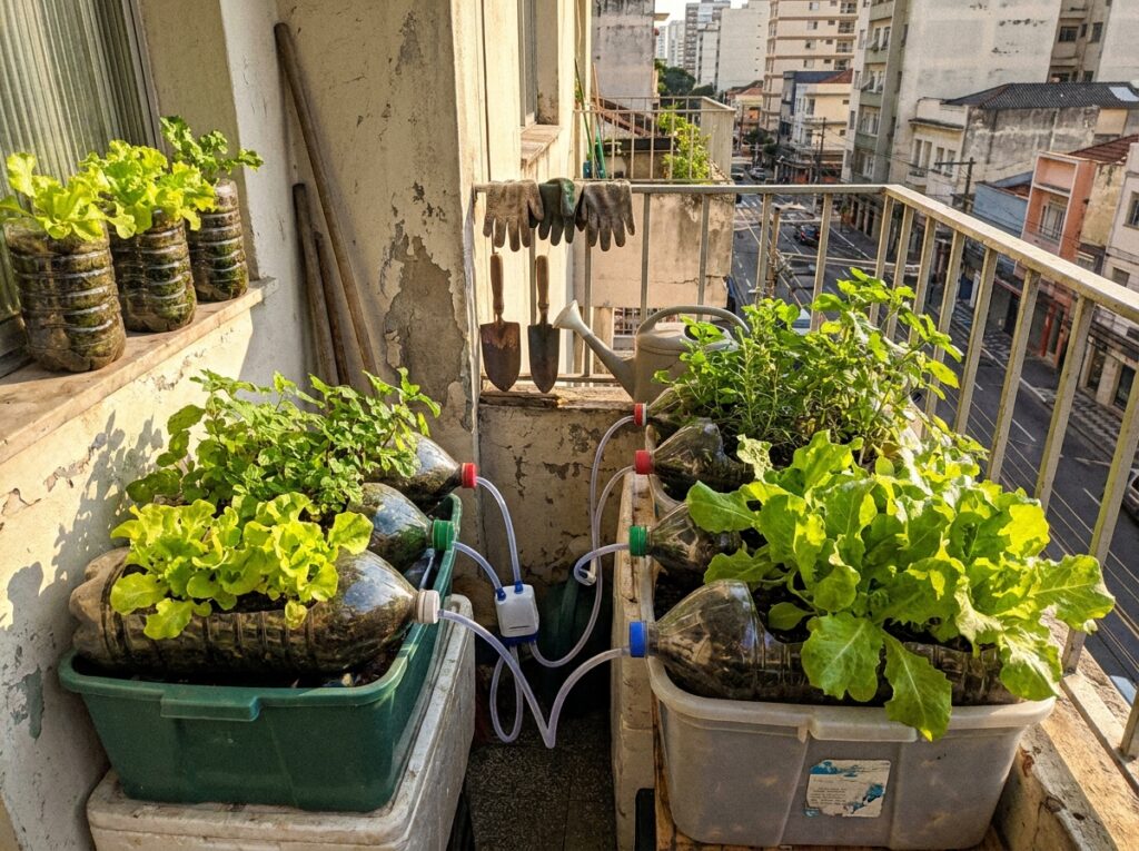 Cultivo hidropônico doméstico em pequena varanda